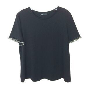 Zara Women's Pullover Top Size M Black Cotton Round Neck Grommet Details